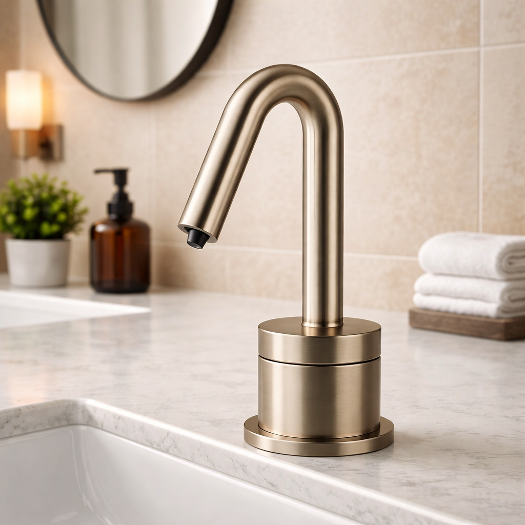 Commercial restroom palette reference for coordinating touchless faucet finishes